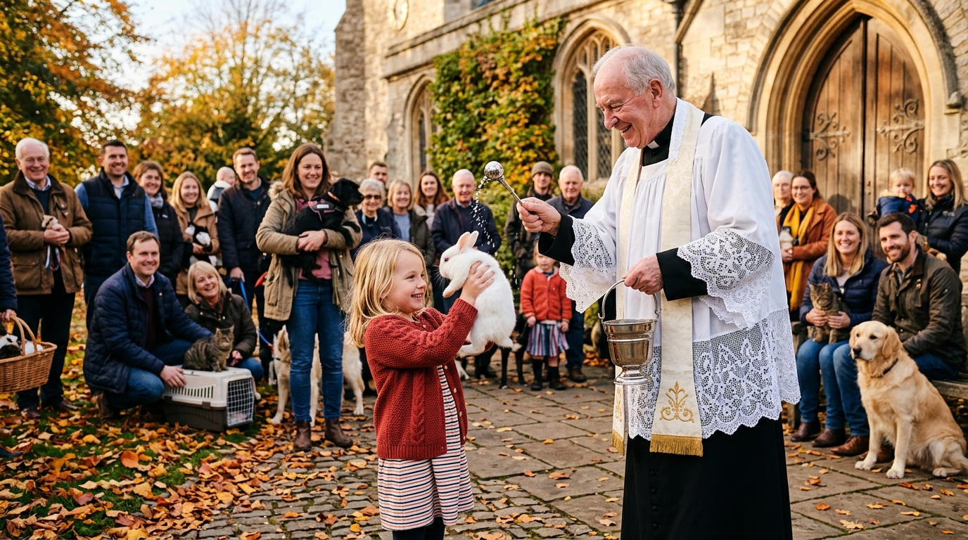 Enfant présentant un lapin à bénir dans une cour d'église