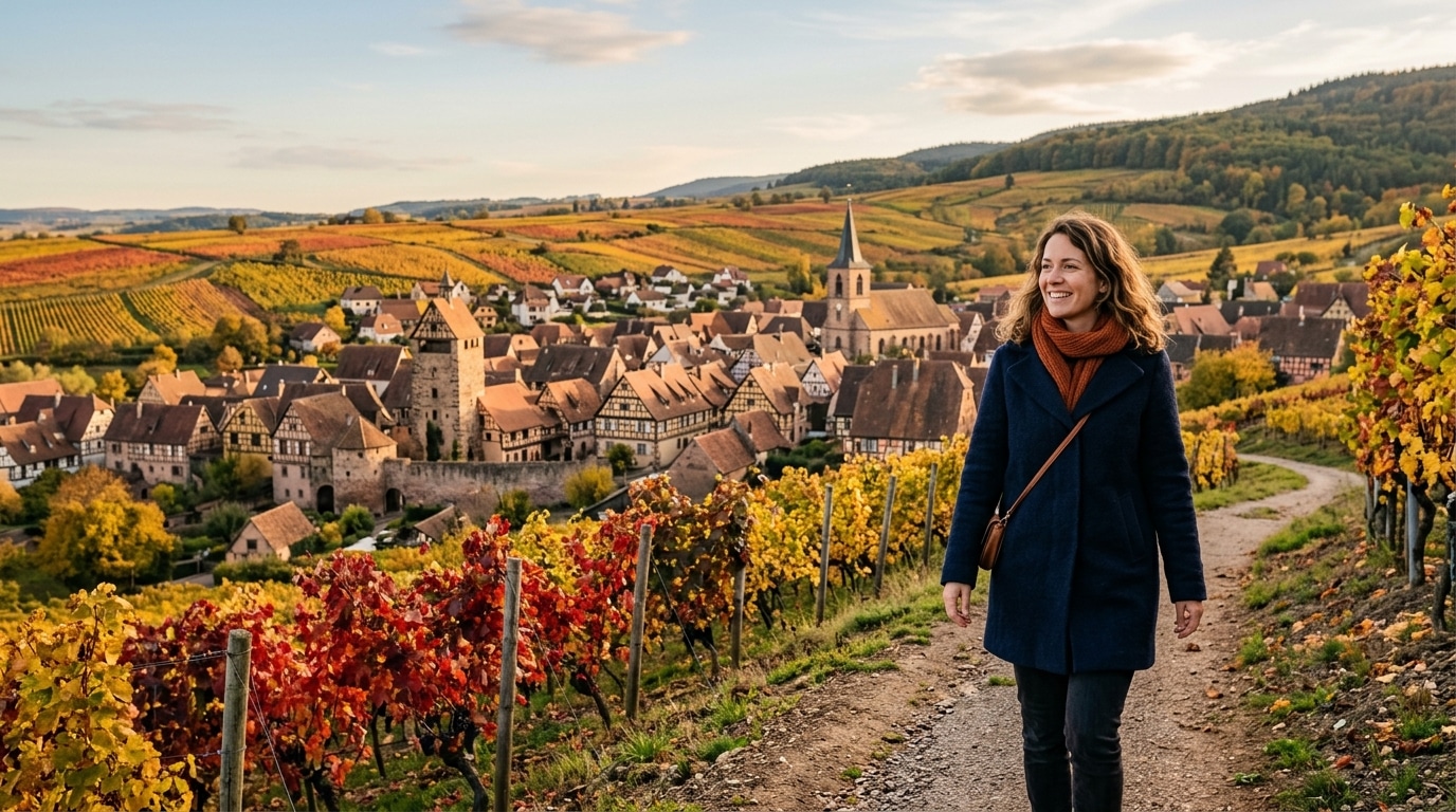 Randonneuse devant les vignes rouges de Riquewihr en Alsace