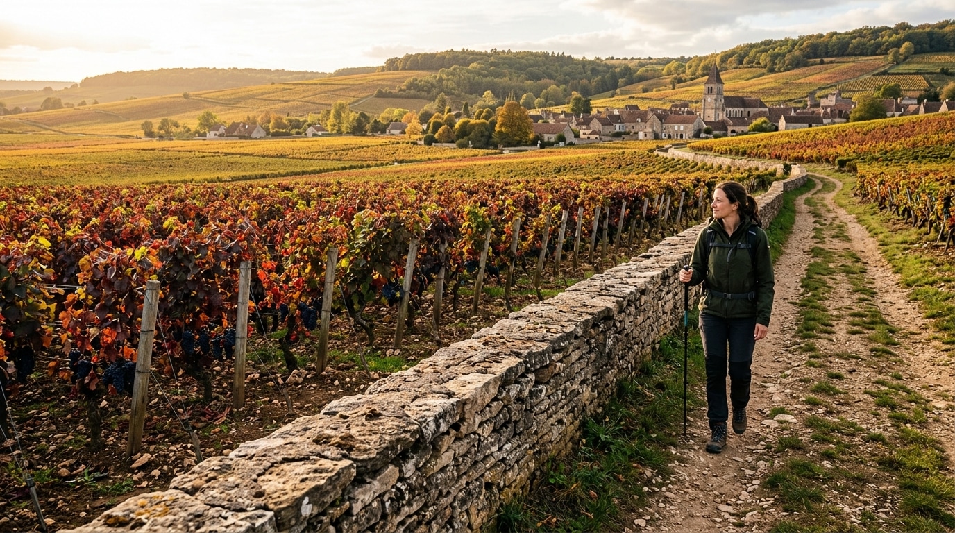 Promeneur entre les vignes pourpres de Gevrey-Chambertin