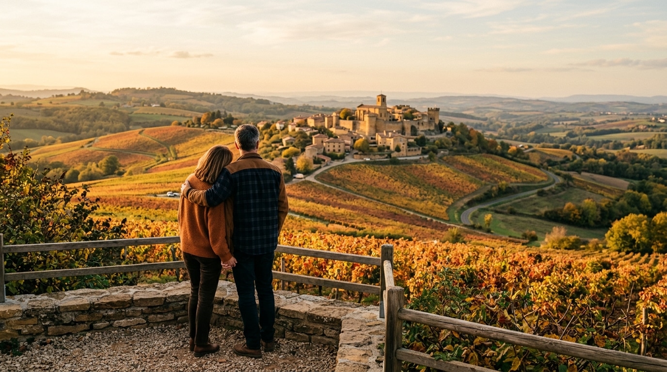 Couple face aux collines du Beaujolais en automne