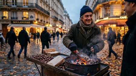 Marchand de marrons chauds devant son brasero fumant