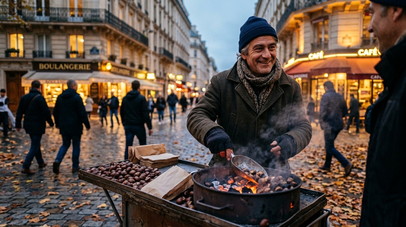 Marchand de marrons chauds devant son brasero fumant