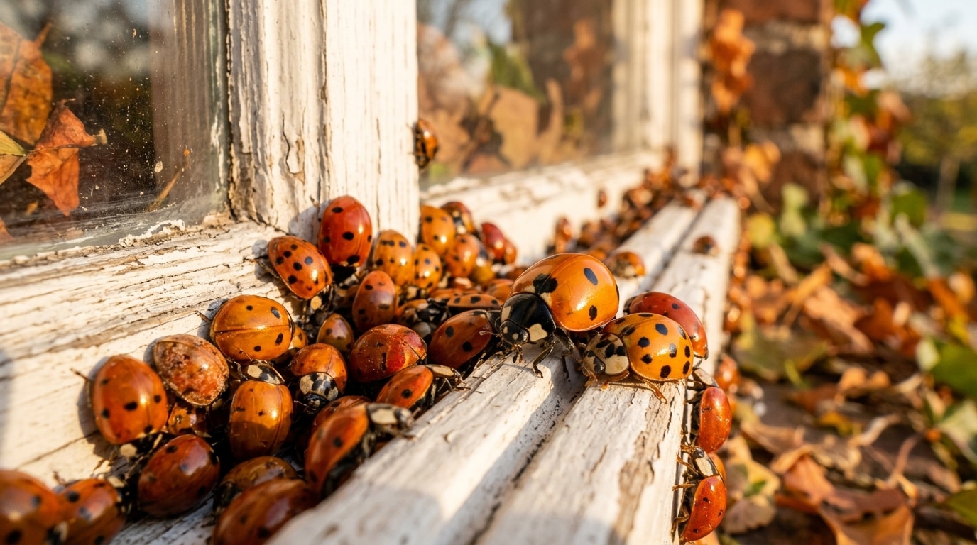 Coccinelles asiatiques groupées sur un cadre de fenêtre ensoleillé