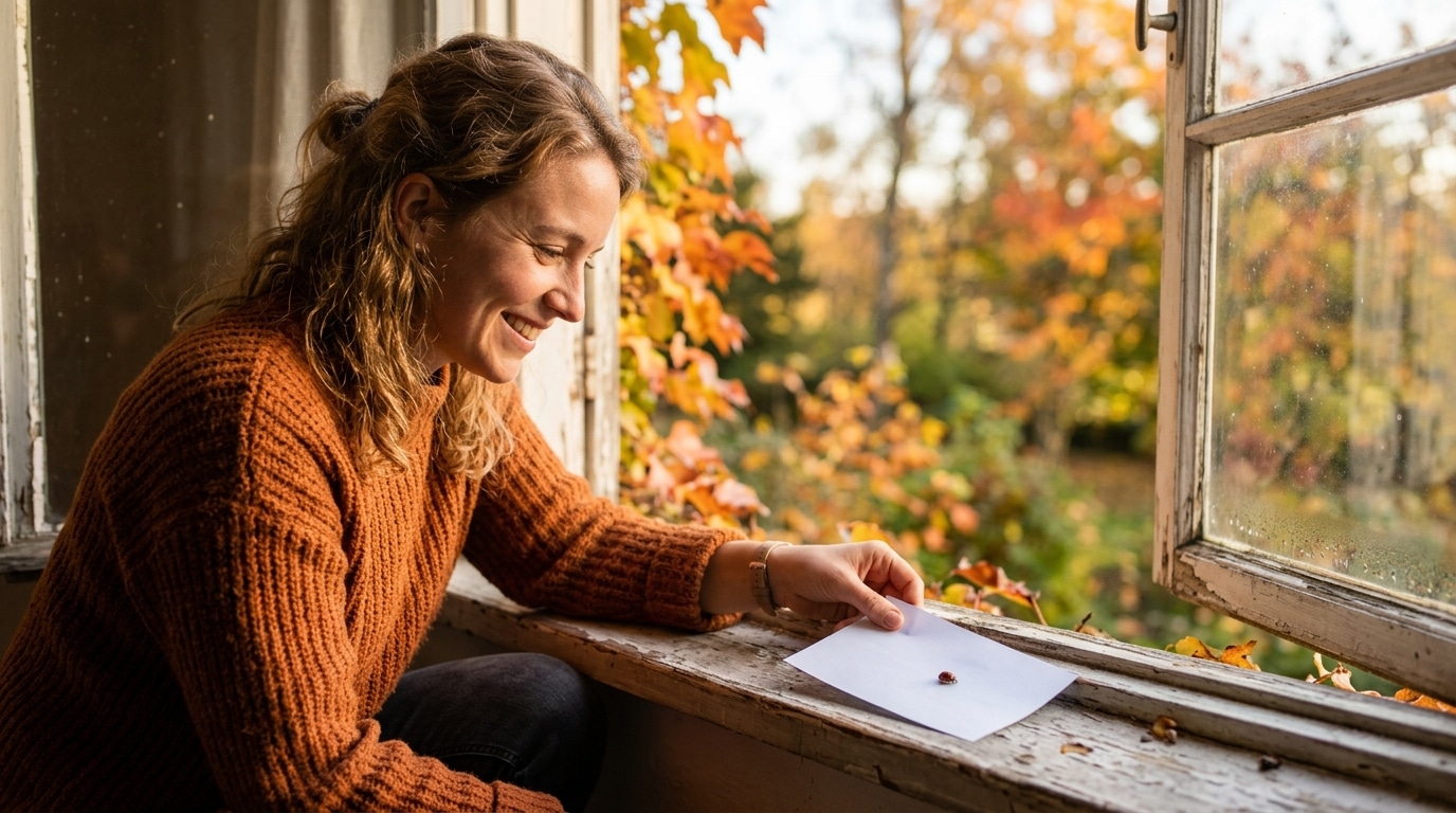 Femme faisant sortir une coccinelle avec une feuille de papier