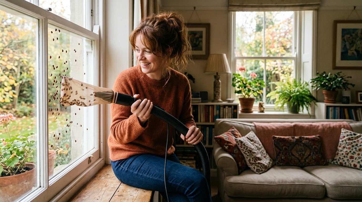 Femme collectant des coccinelles avec un aspirateur et un bas de collant