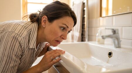 Femme dégoûtée devant le trop-plein de son lavabo