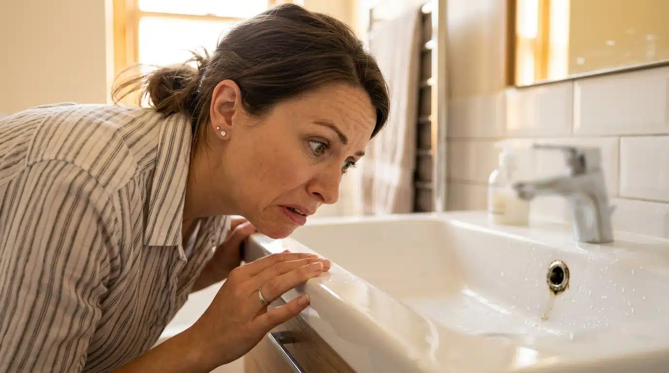 Femme dégoûtée devant le trop-plein de son lavabo