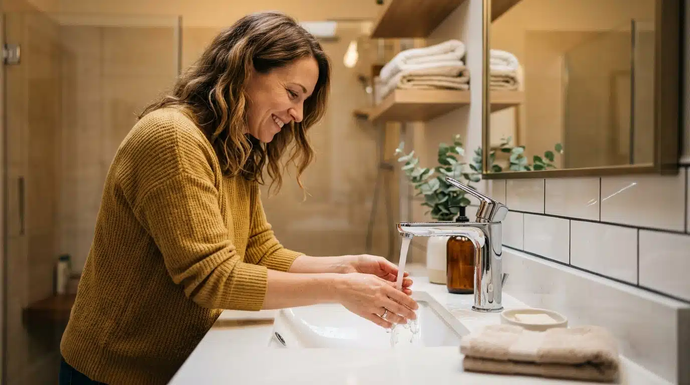 Femme souriante devant un lavabo propre et brillant
