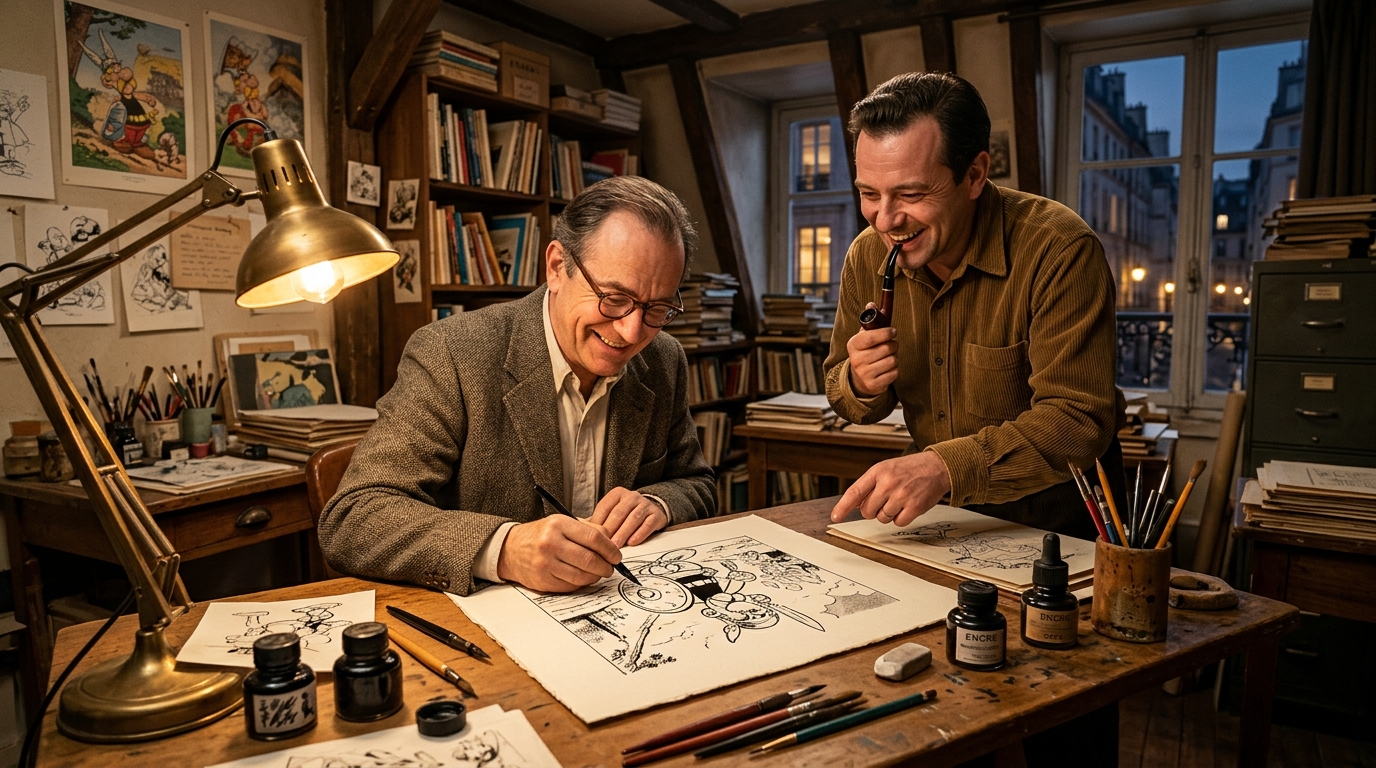 Deux auteurs de BD dessinant un petit guerrier gaulois