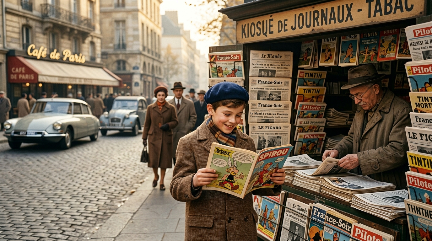Lecteur découvrant un magazine de BD dans un kiosque en 1959