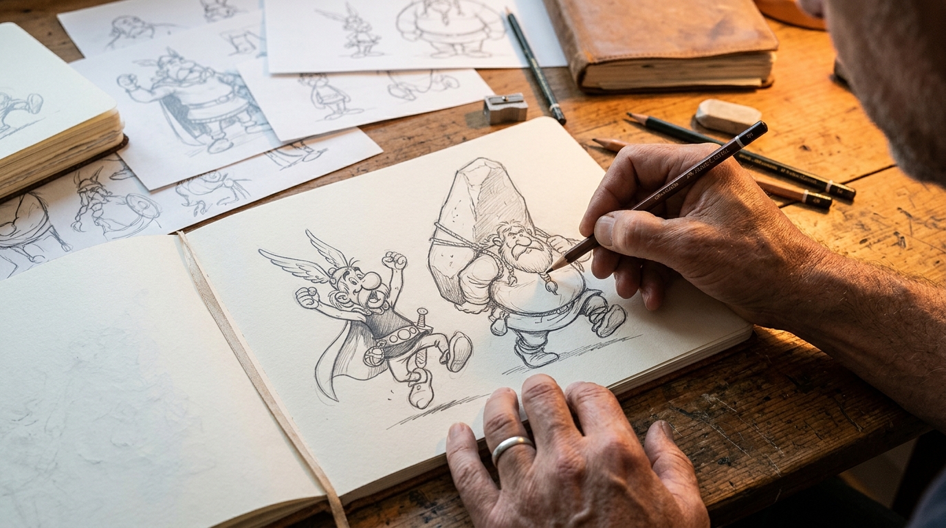 Mains d'un dessinateur esquissant un petit Gaulois et son compagnon
