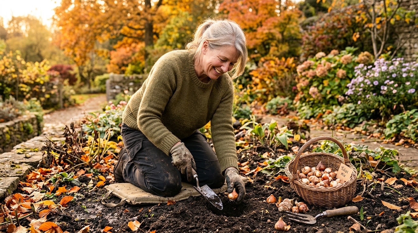 Jardinière plantant des bulbes de tulipes en automne
