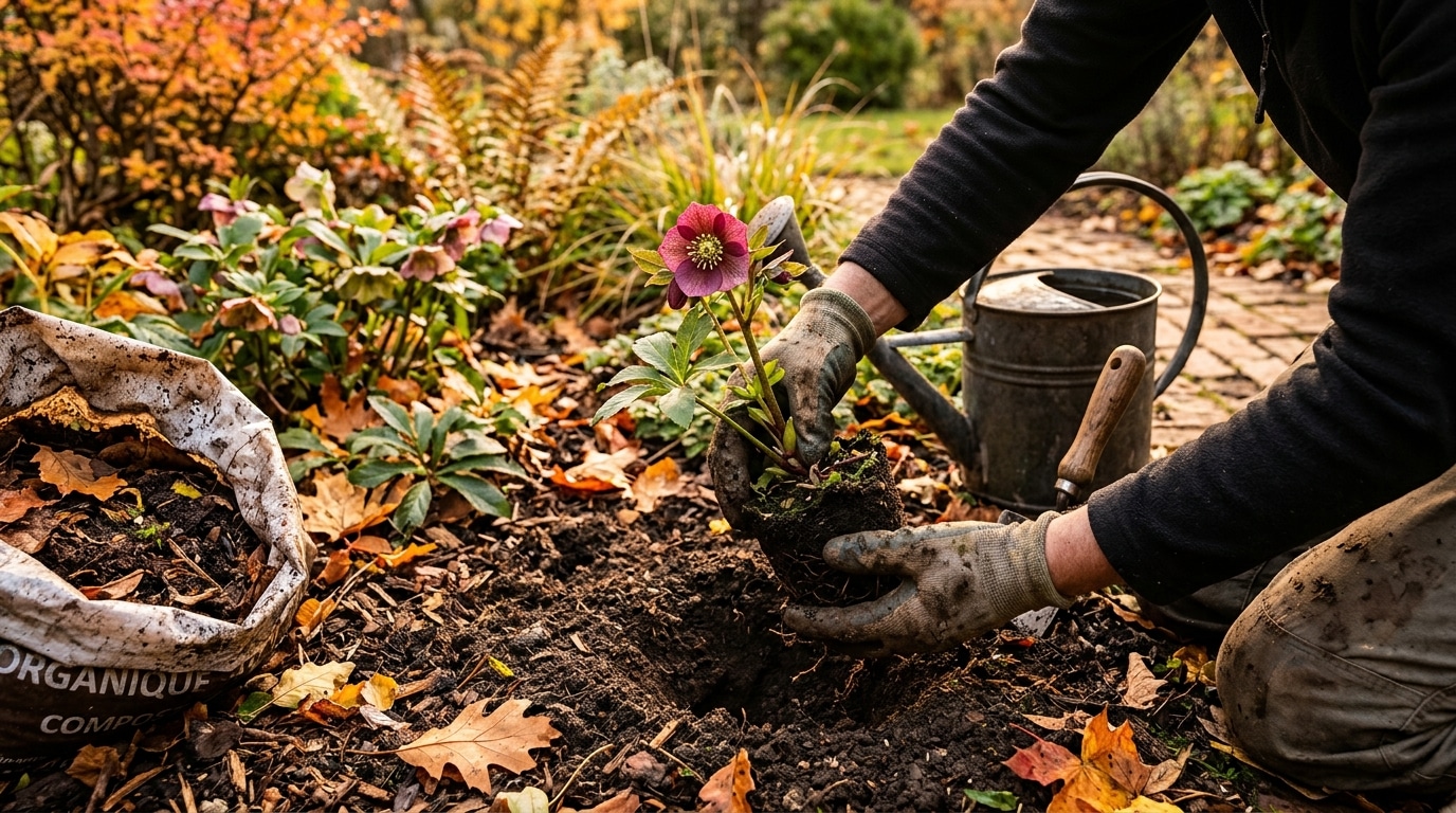 Mains plantant une vivace dans un massif d'automne