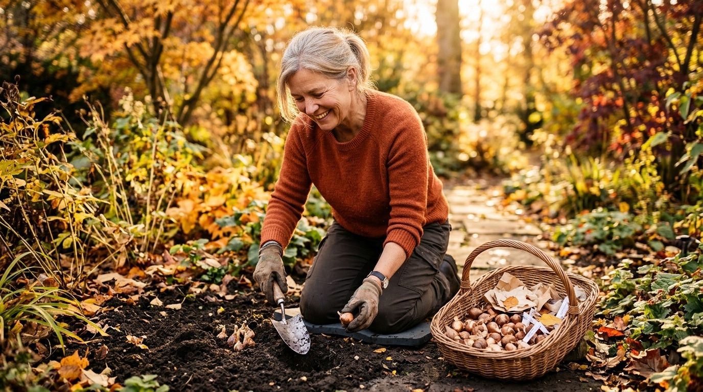 Jardinière plantant des bulbes de crocus en automne