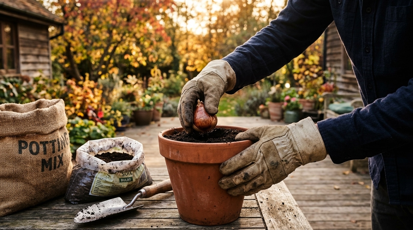 Mains gantées posant un bulbe de tulipe dans un pot