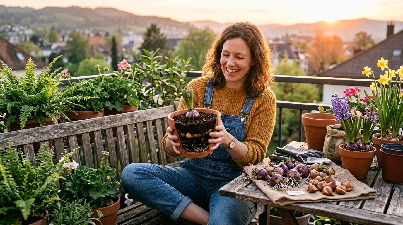 Femme préparant un pot de bulbes en lasagne sur un balcon