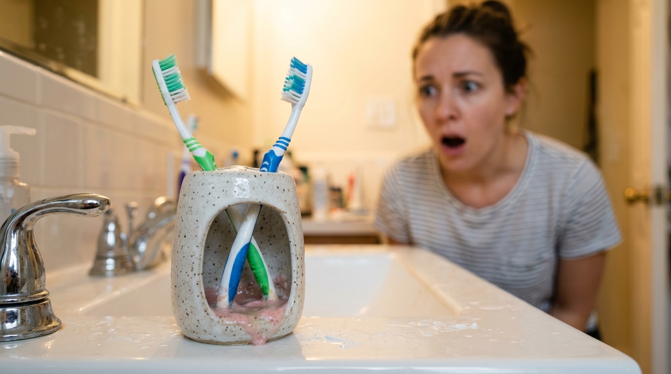 Porte-brosse à dents avec dépôt rose au fond du gobelet