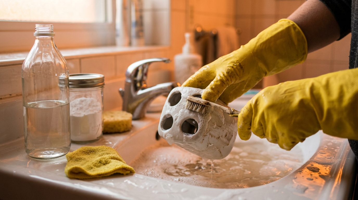 Nettoyage d'un porte-brosse à dents avec vinaigre blanc