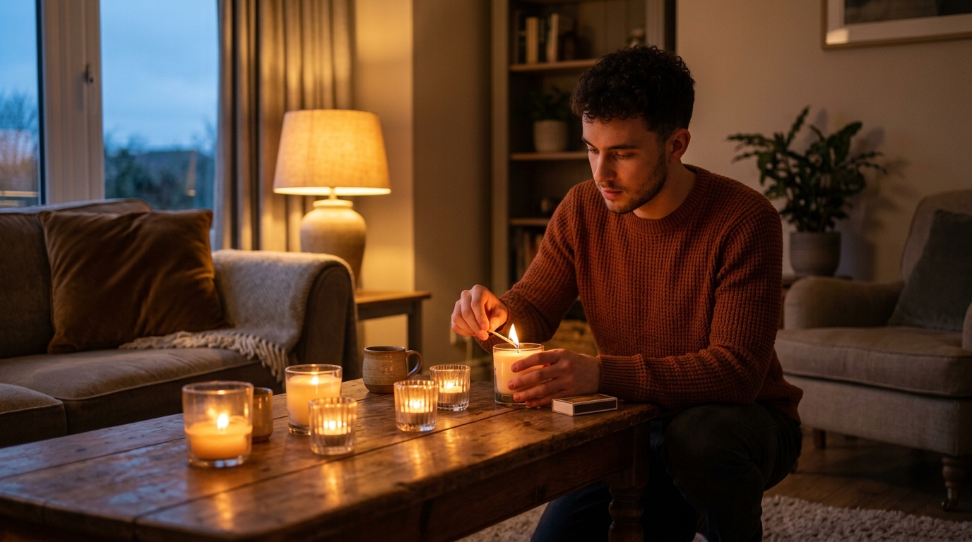 Homme allumant des bougies sur une table basse en lumière chaude