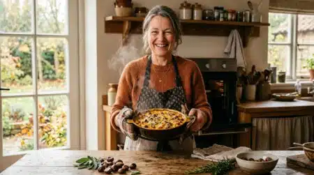 Femme souriante sortant un gratin de butternut du four