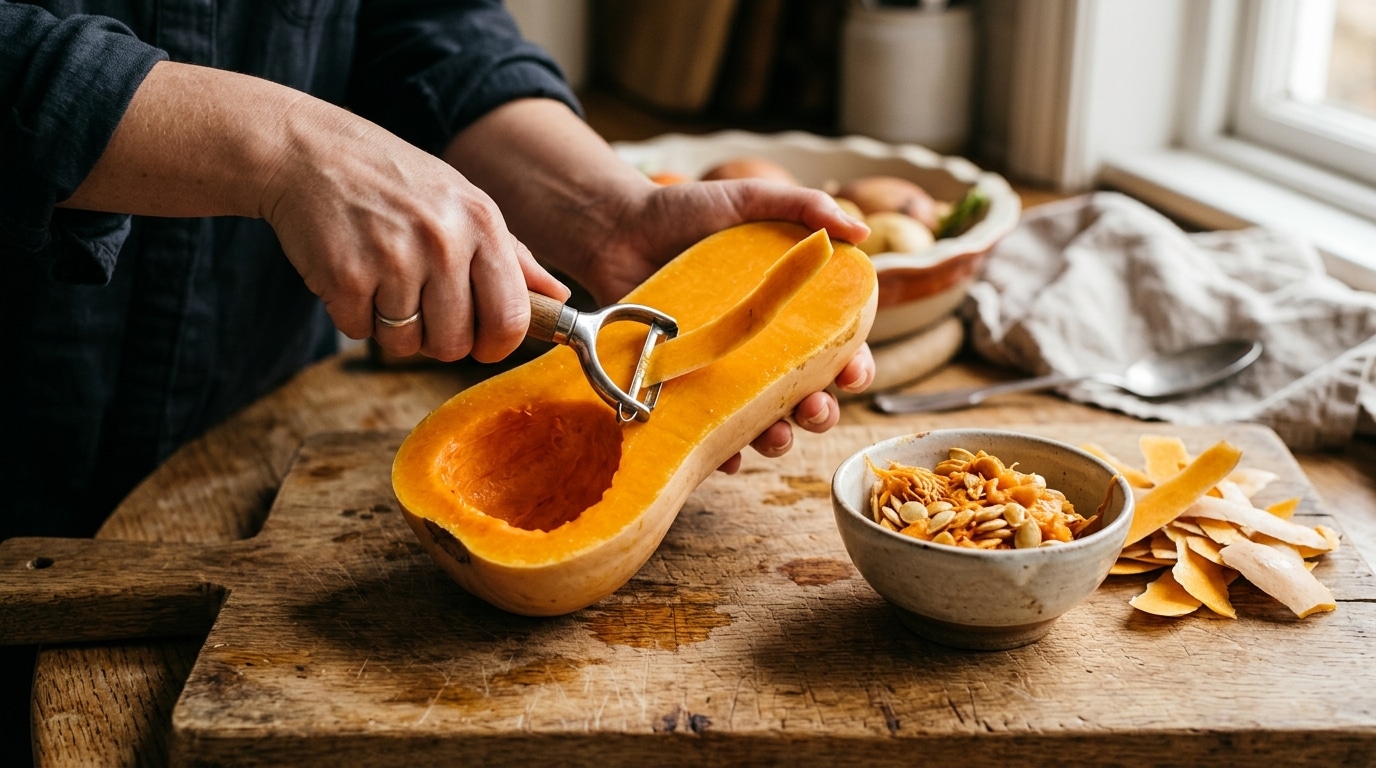 Mains épluchant une butternut sur une planche en bois