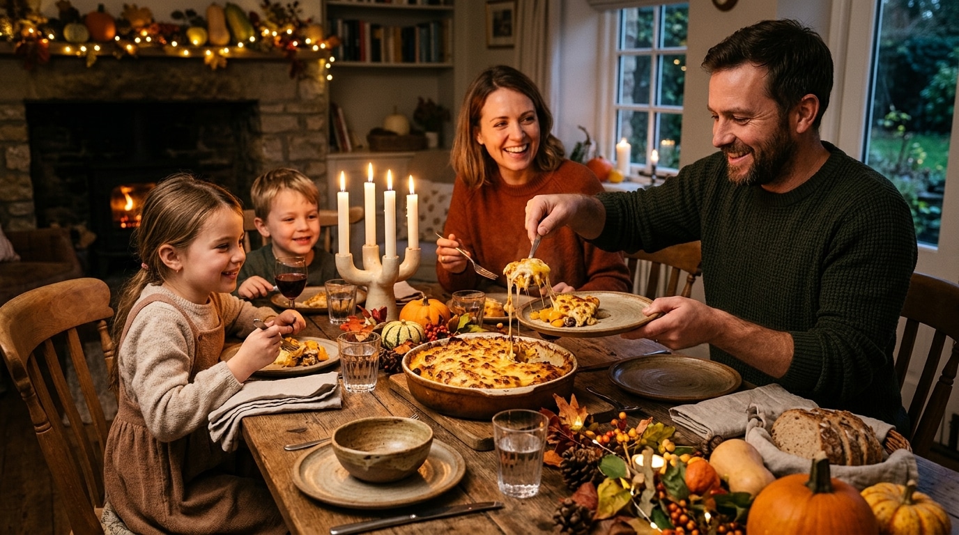 Famille partageant un gratin de courge et châtaignes