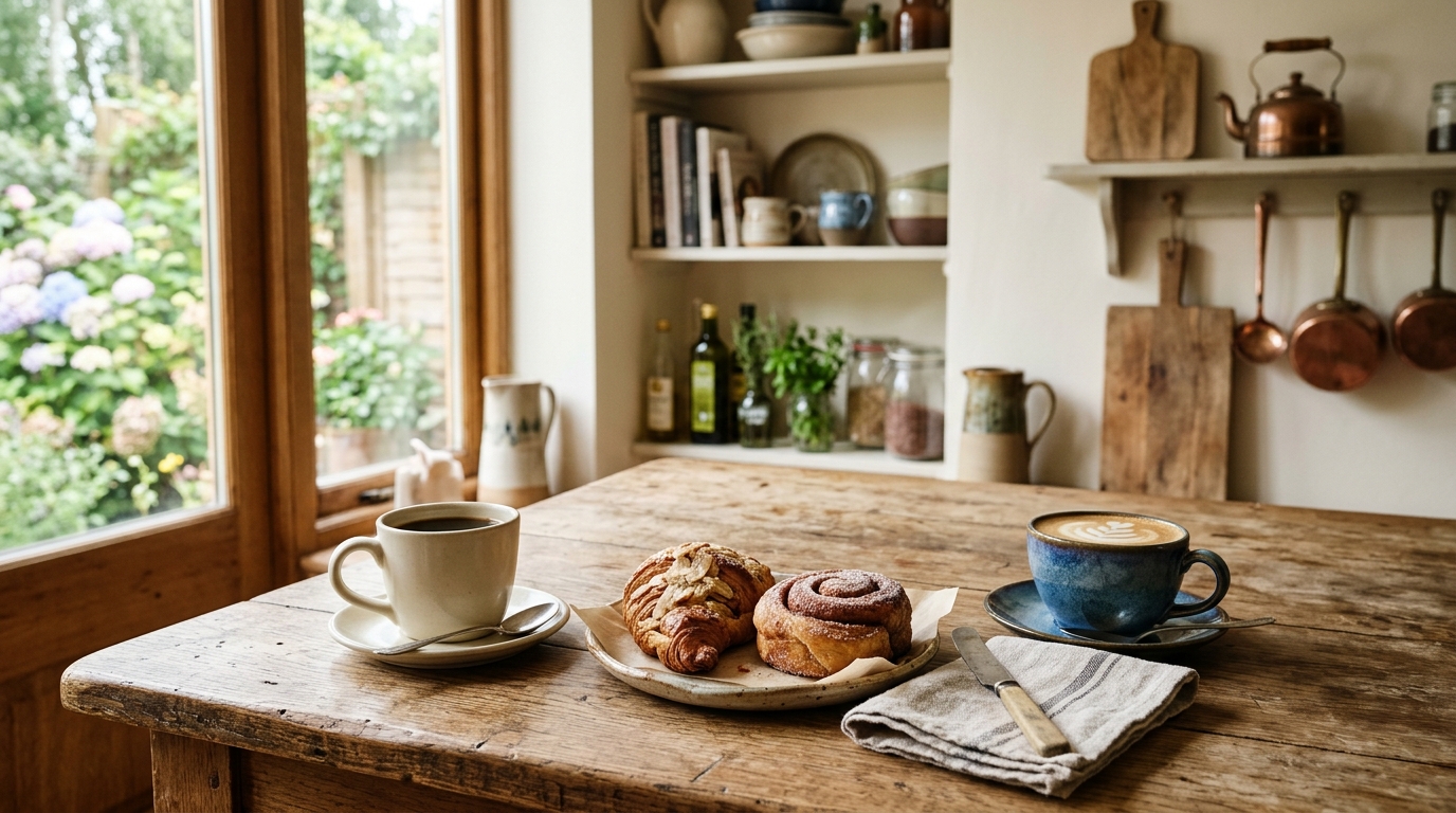 Deux tasses de café et douceurs sur une table