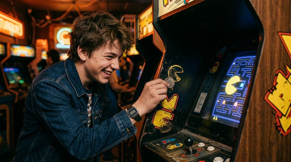 Adolescent grattant une lettre sur une borne d'arcade