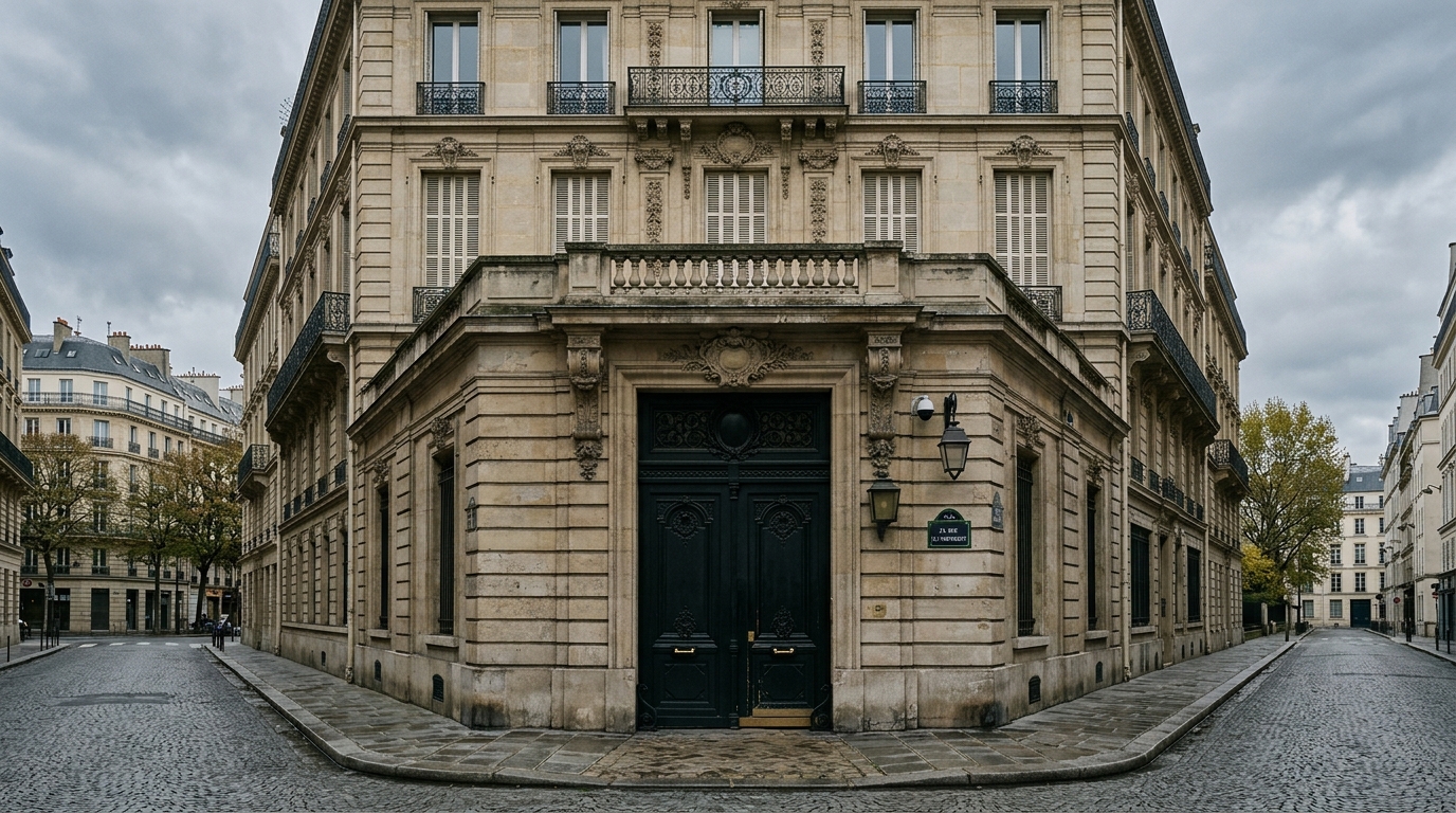 Façade d'hôtel particulier parisien derrière un portail fermé