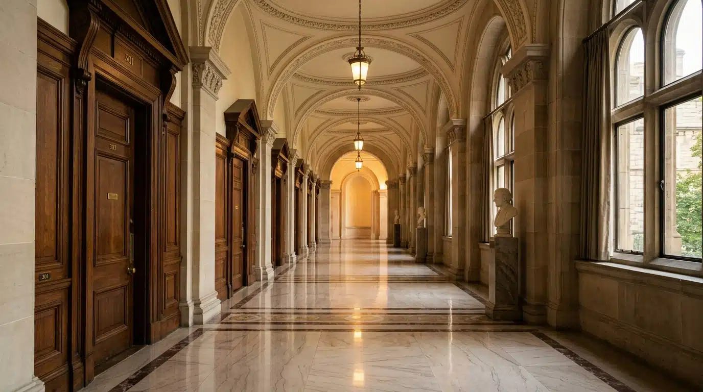 Couloir de tribunal désert, symbole des sept mois de bataille judiciaire autour de la garde de sa fille