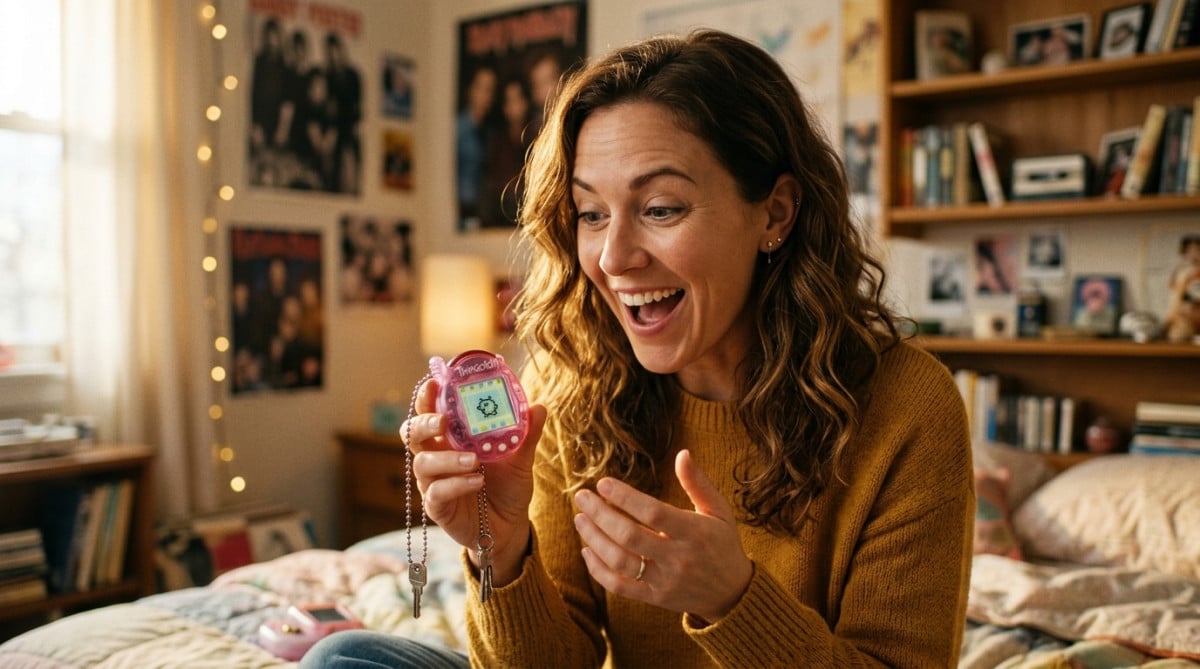 Adulte nostalgique tenant un petit jouet électronique en forme d'œuf