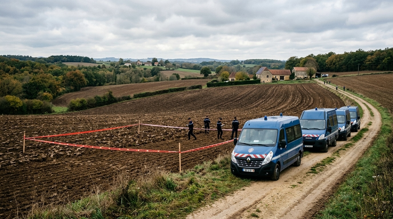 Champ labouré délimité et fourgons de police alignés