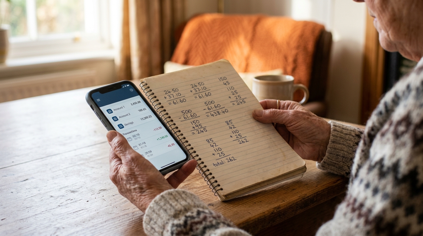 Mains d'une retraitée avec smartphone et calculs
