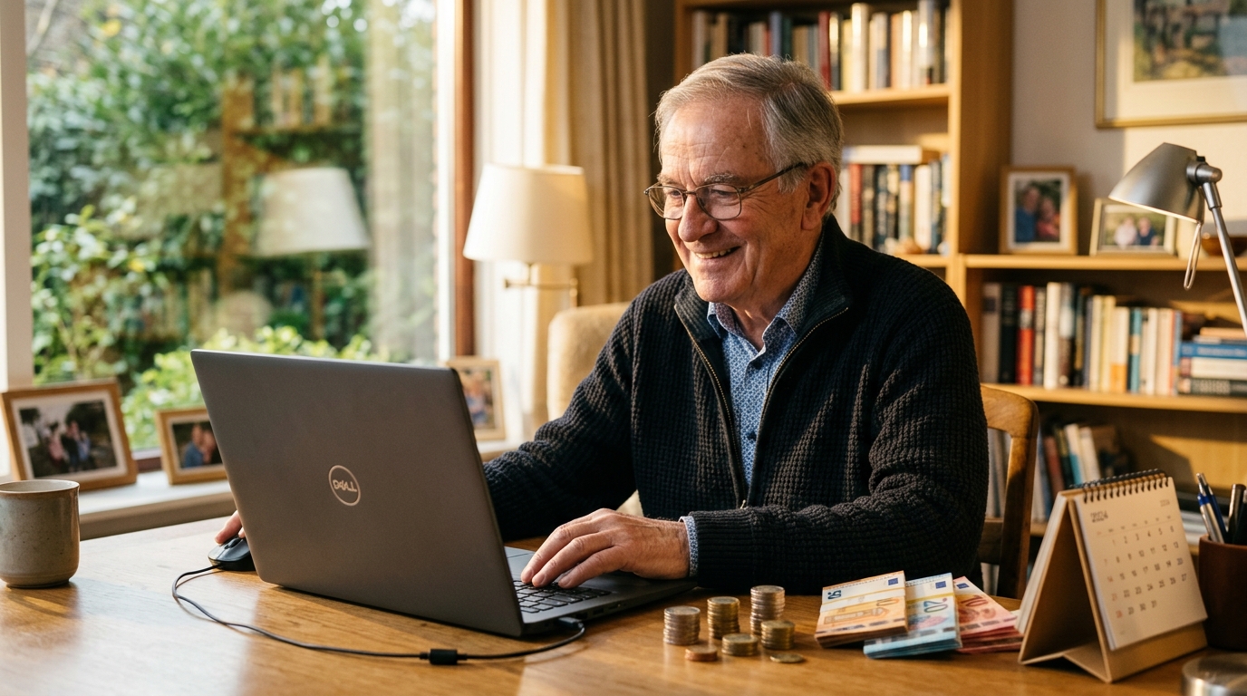 Retraité souriant devant son ordinateur et ses pièces