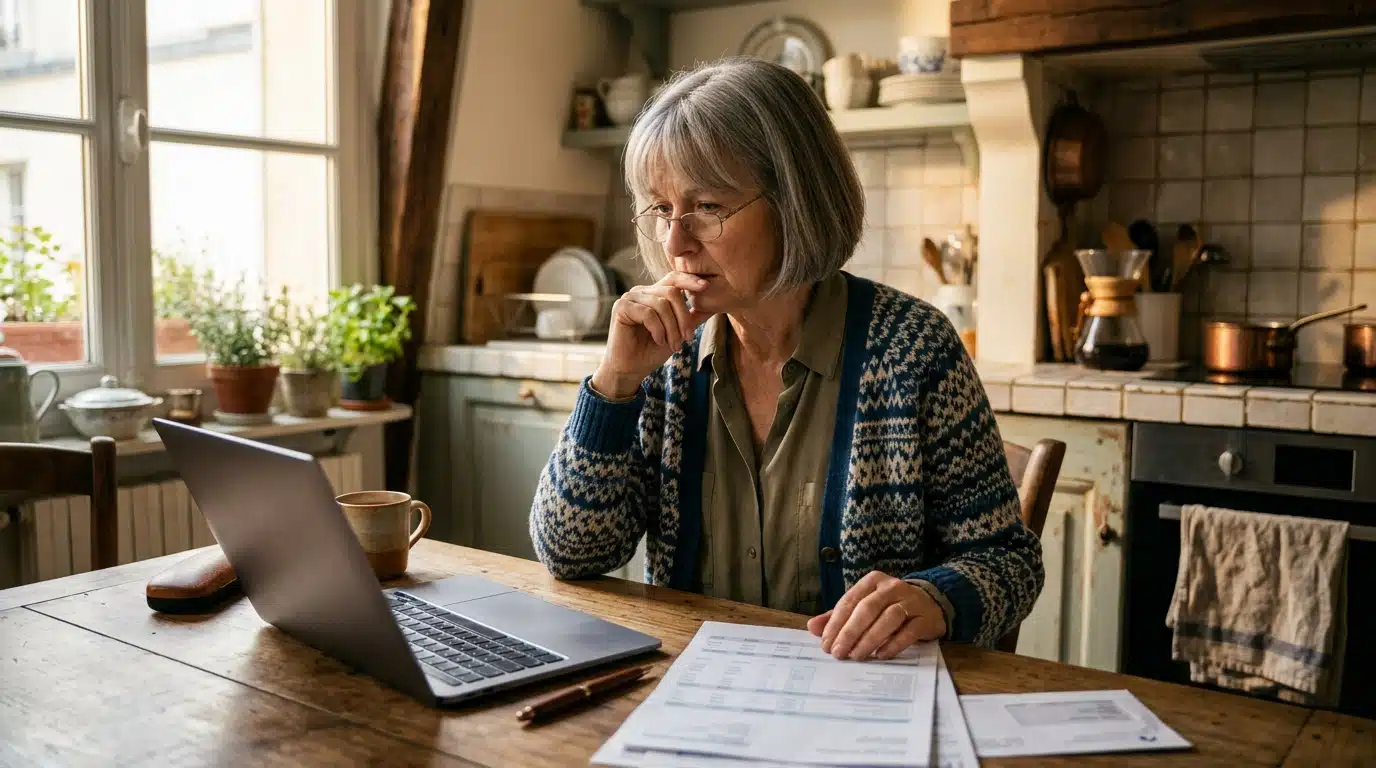 Retraitée vérifiant ses démarches administratives sur son ordinateur