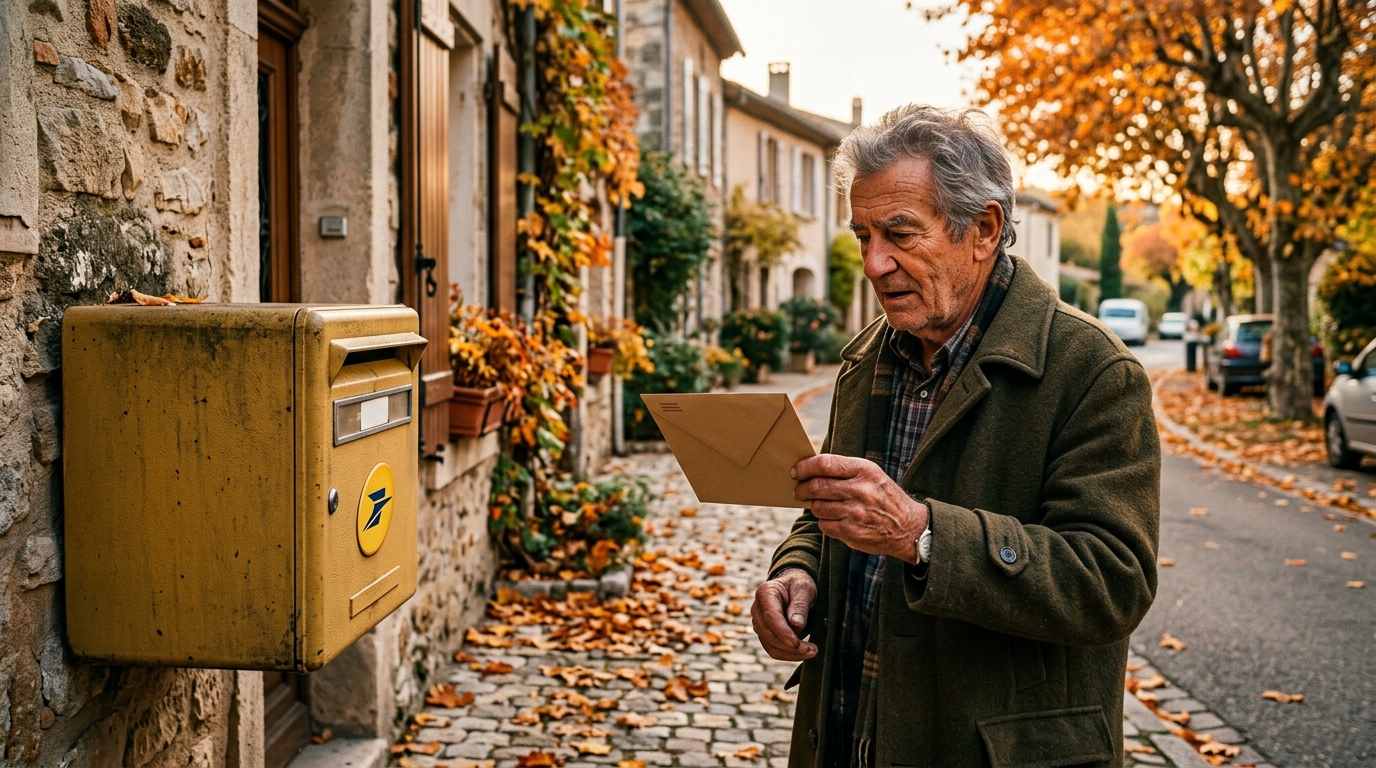 Retraité devant sa boîte aux lettres avec un courrier officiel