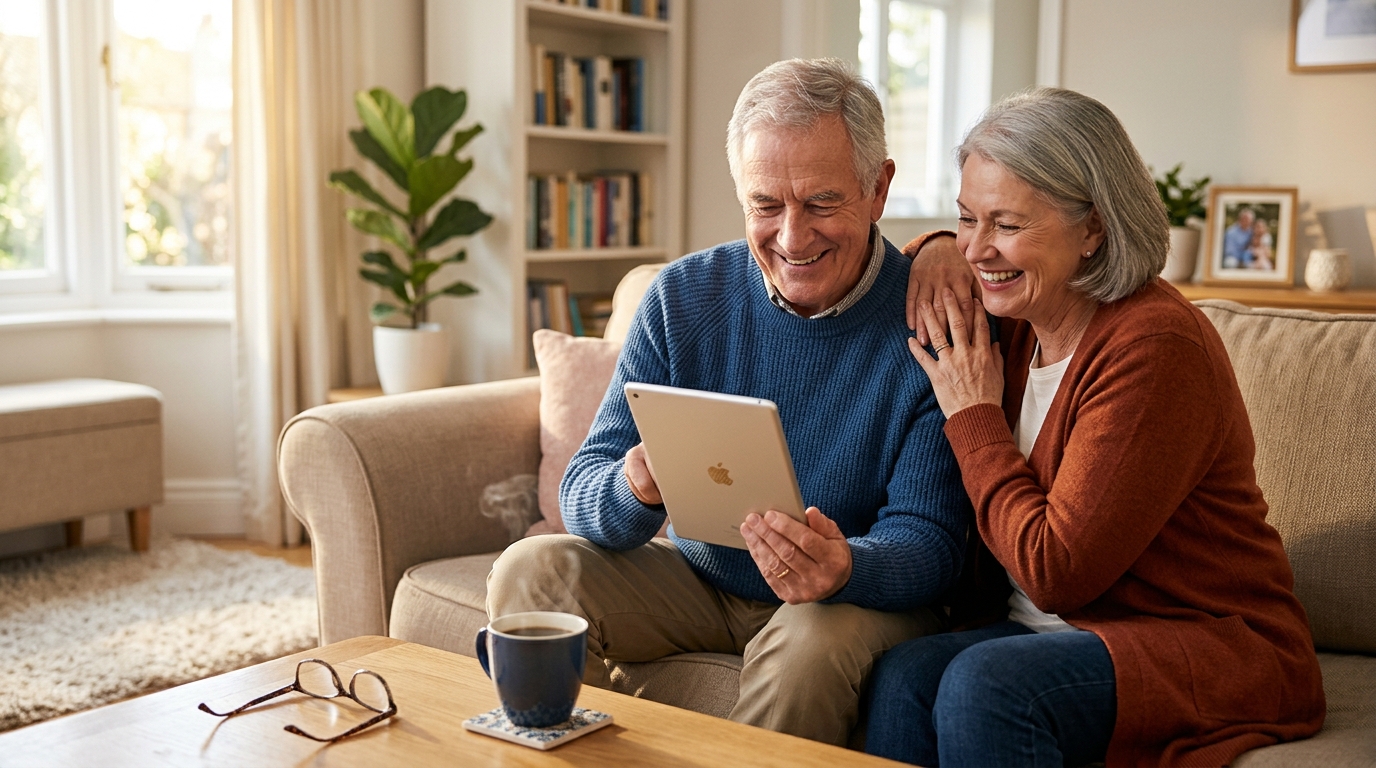 Couple de seniors rassurés consultant leur pension sur tablette