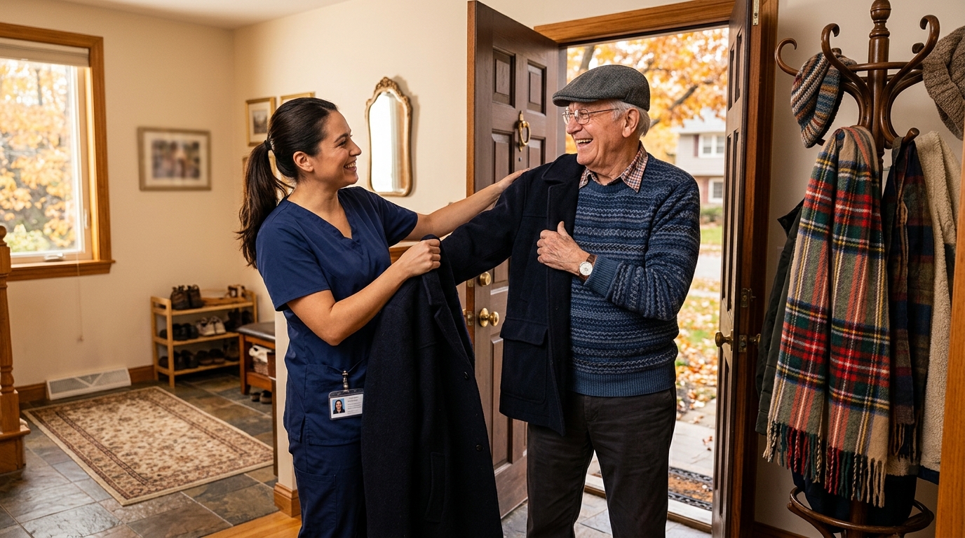 Aide à domicile accompagnant un senior avant de sortir