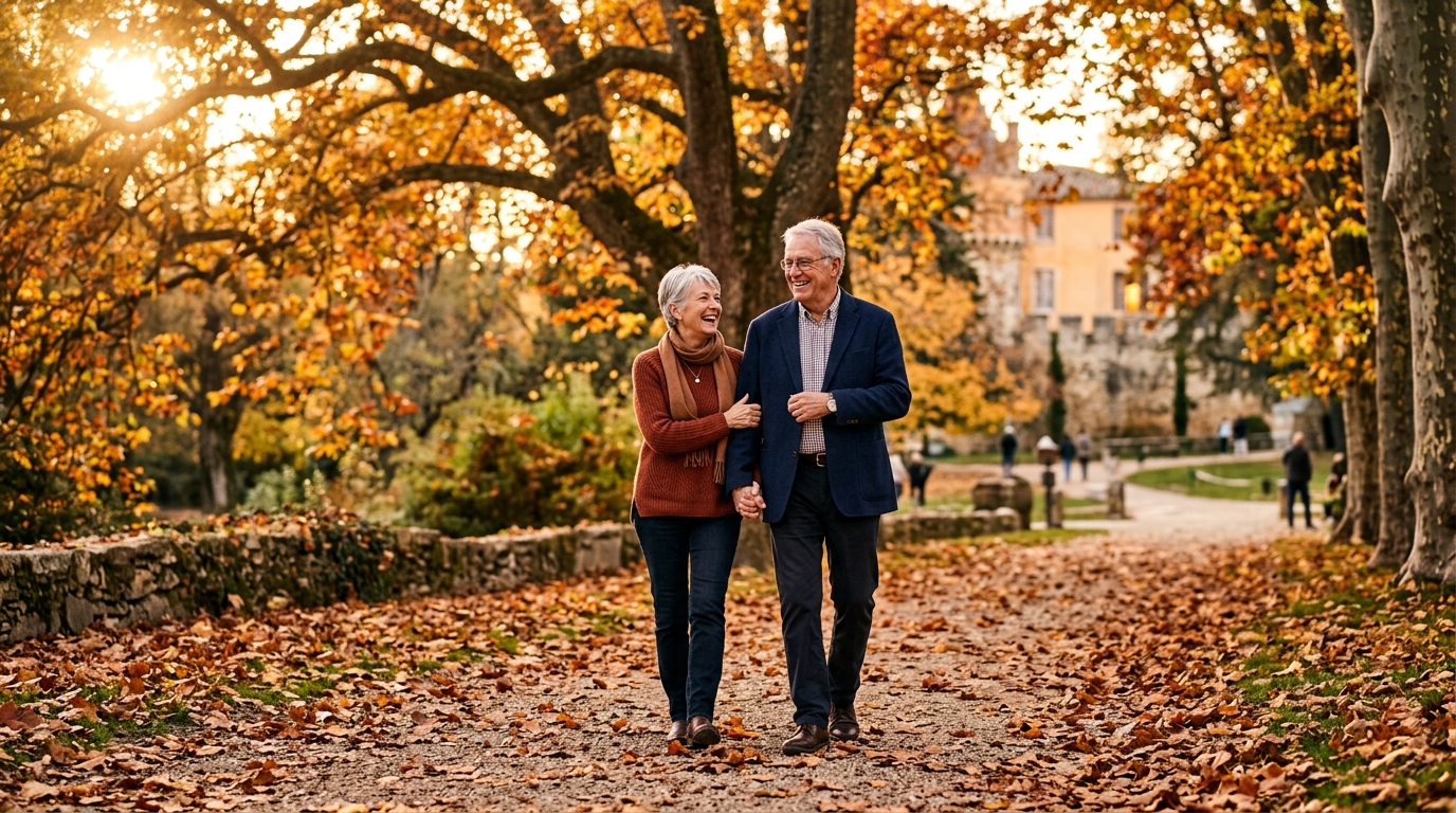 Couple de retraités se promenant dans un parc en automne