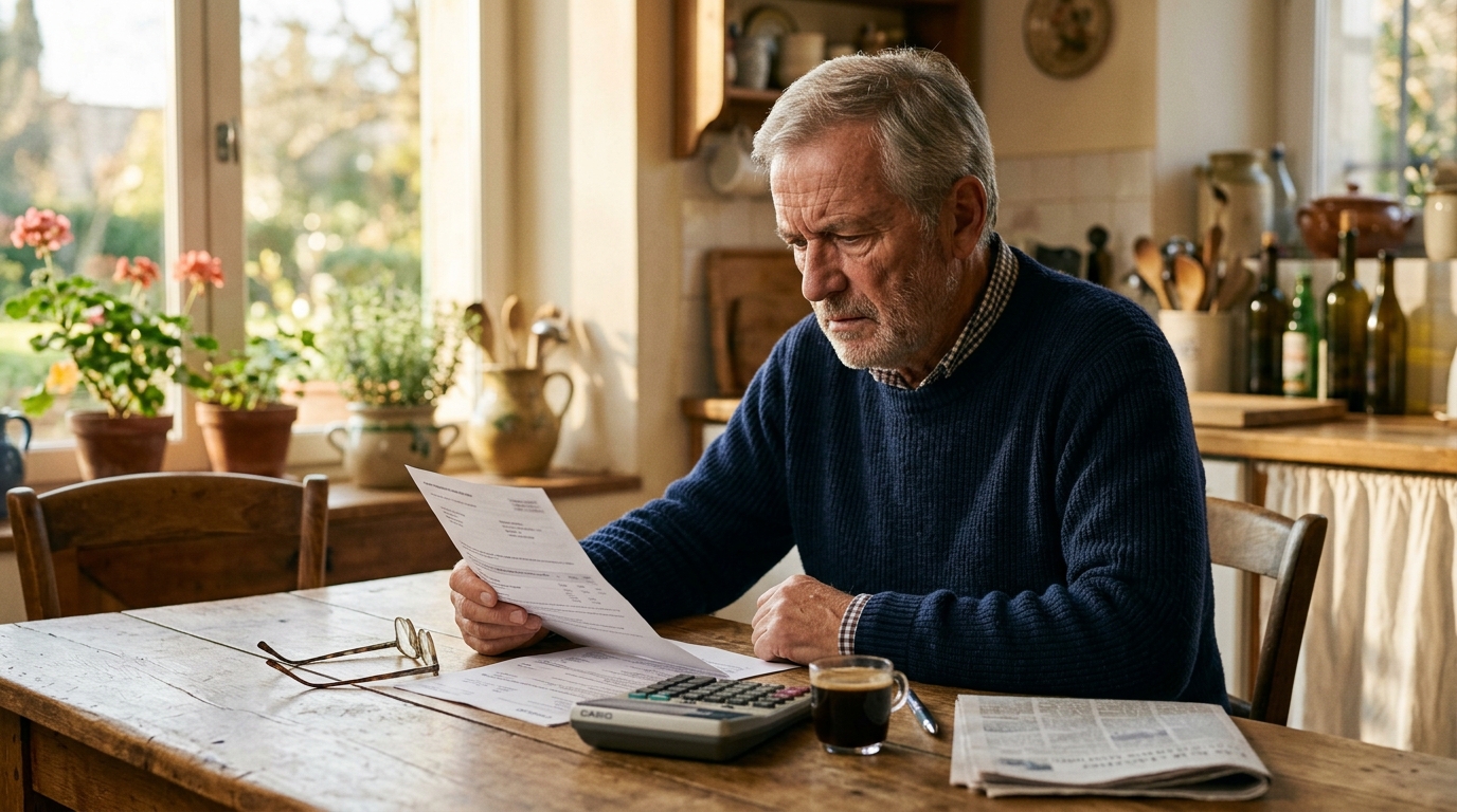 Retraité songeur devant son relevé de pension