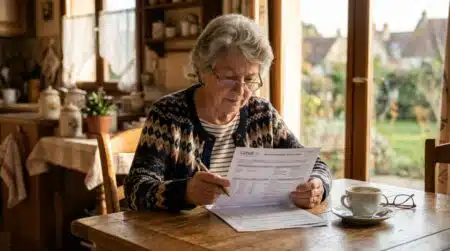 Retraitée vérifiant son relevé de pension à la table de cuisine