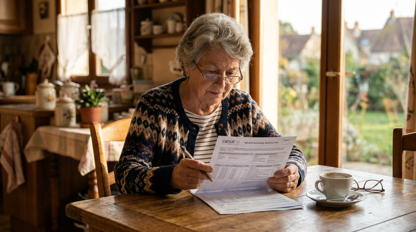 Retraitée vérifiant son relevé de pension à la table de cuisine