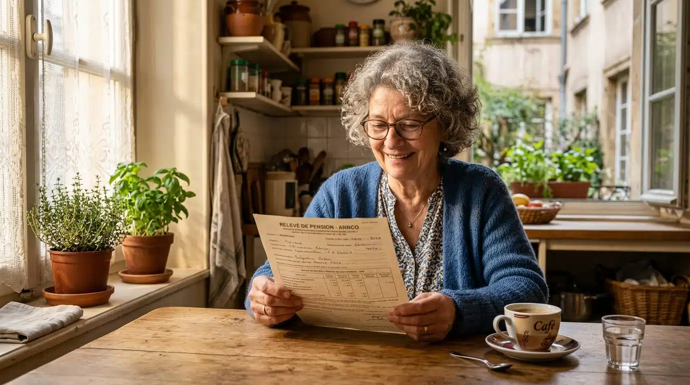 Retraitée lisant son relevé de pension à la table de la cuisine