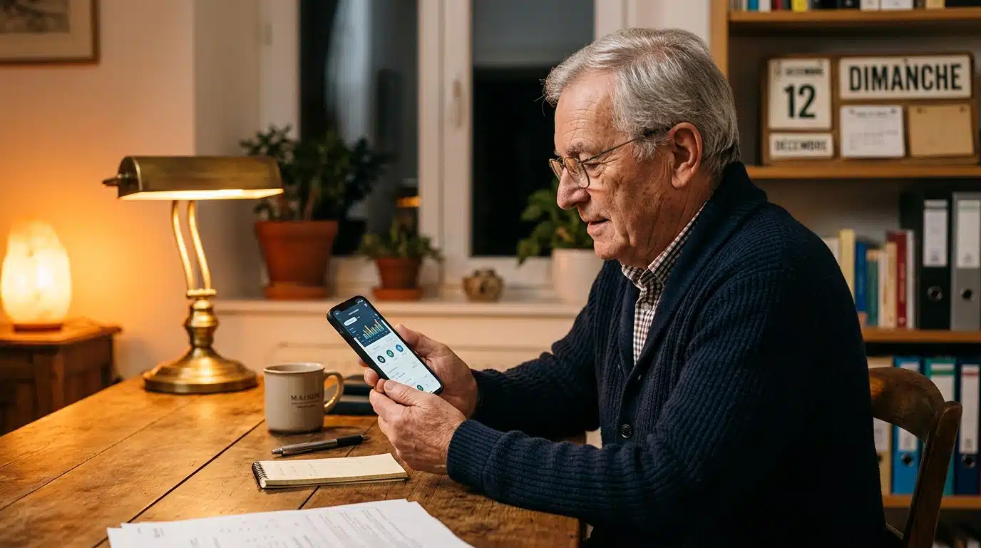 Retraité vérifiant son virement sur son application bancaire