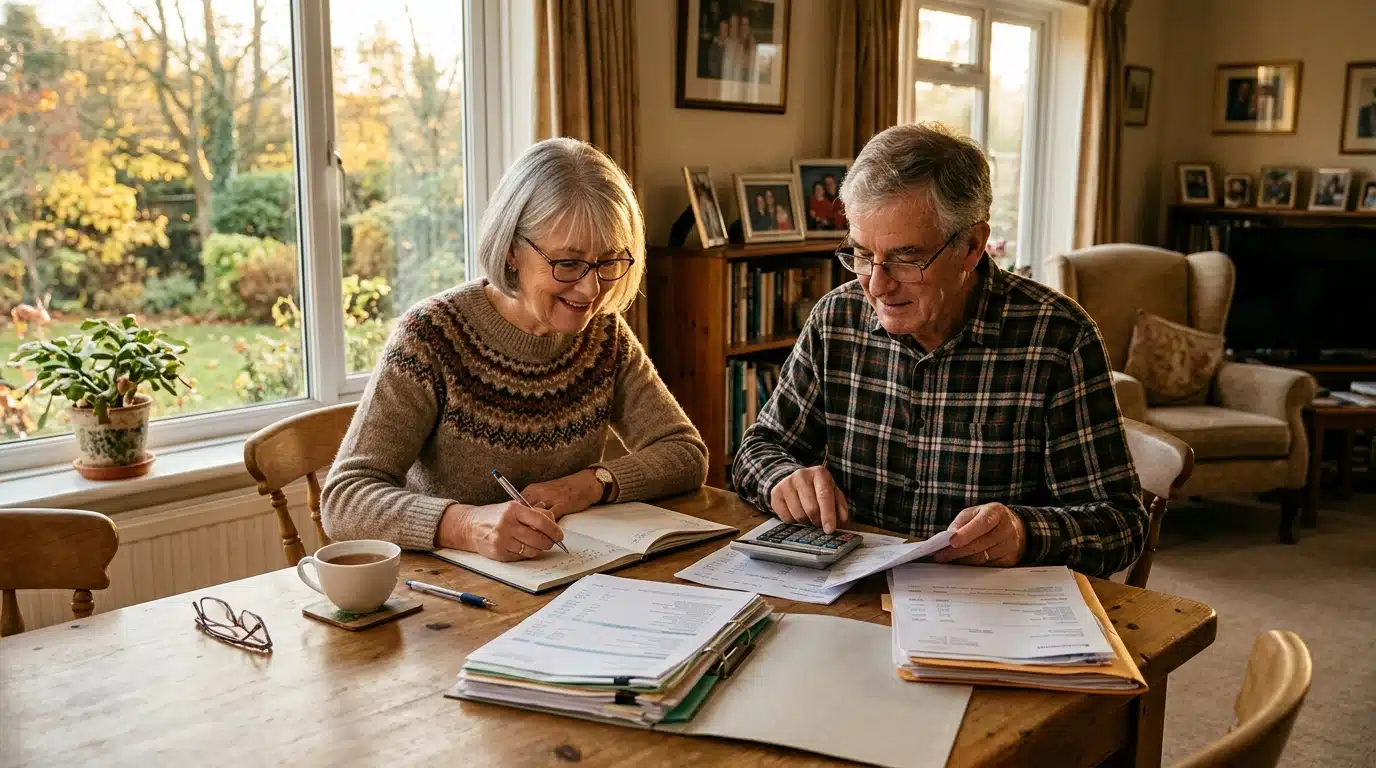Couple de retraités examinant ses documents de pension ensemble