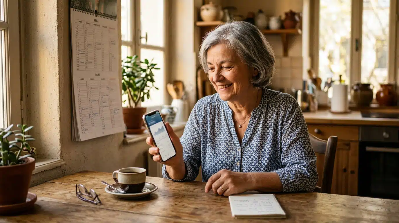 Retraitée consultant son compte bancaire sur smartphone