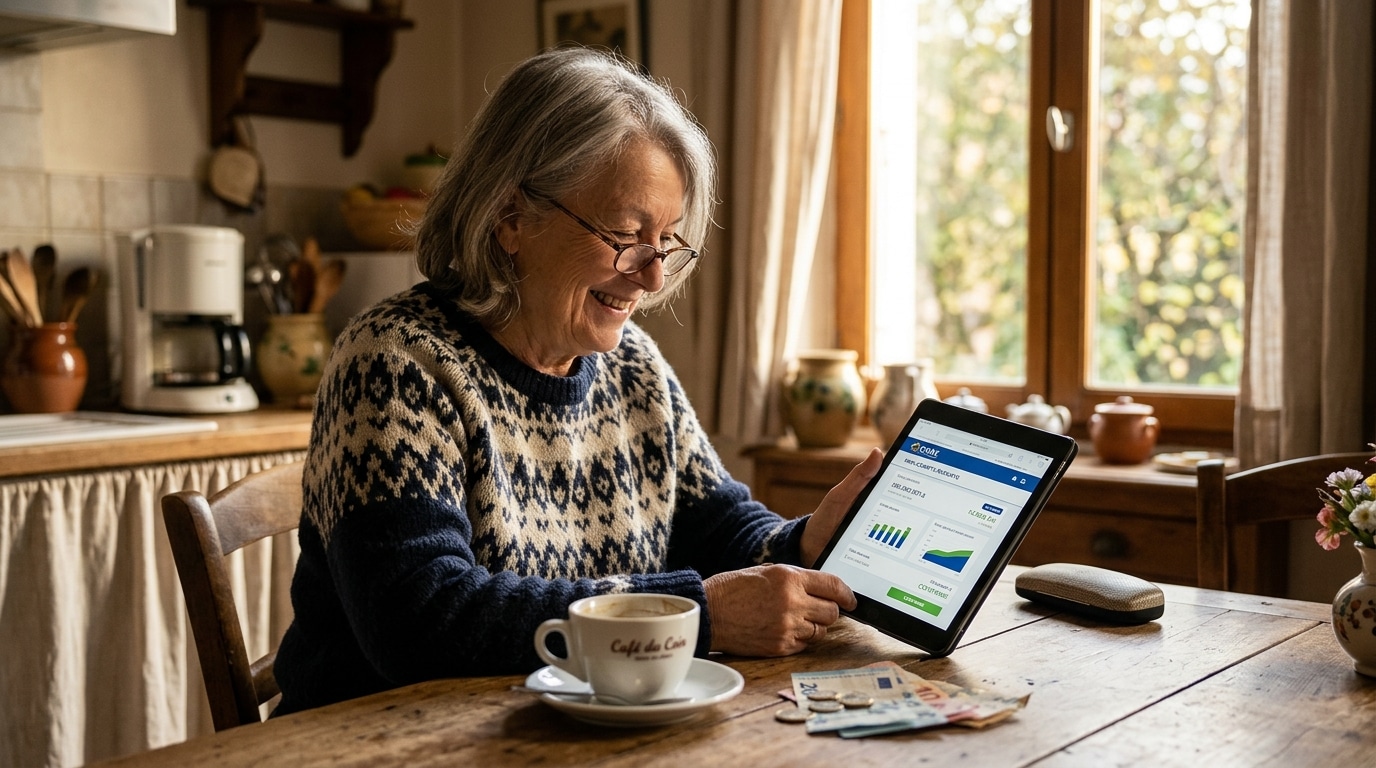 Retraitée souriante consultant son compte retraite sur tablette