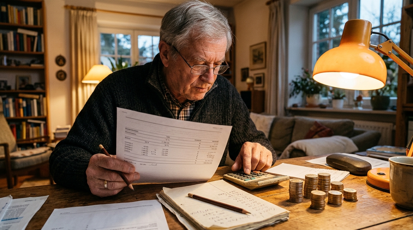 Retraité calculant sa pension avec calculatrice et pièces d'euros