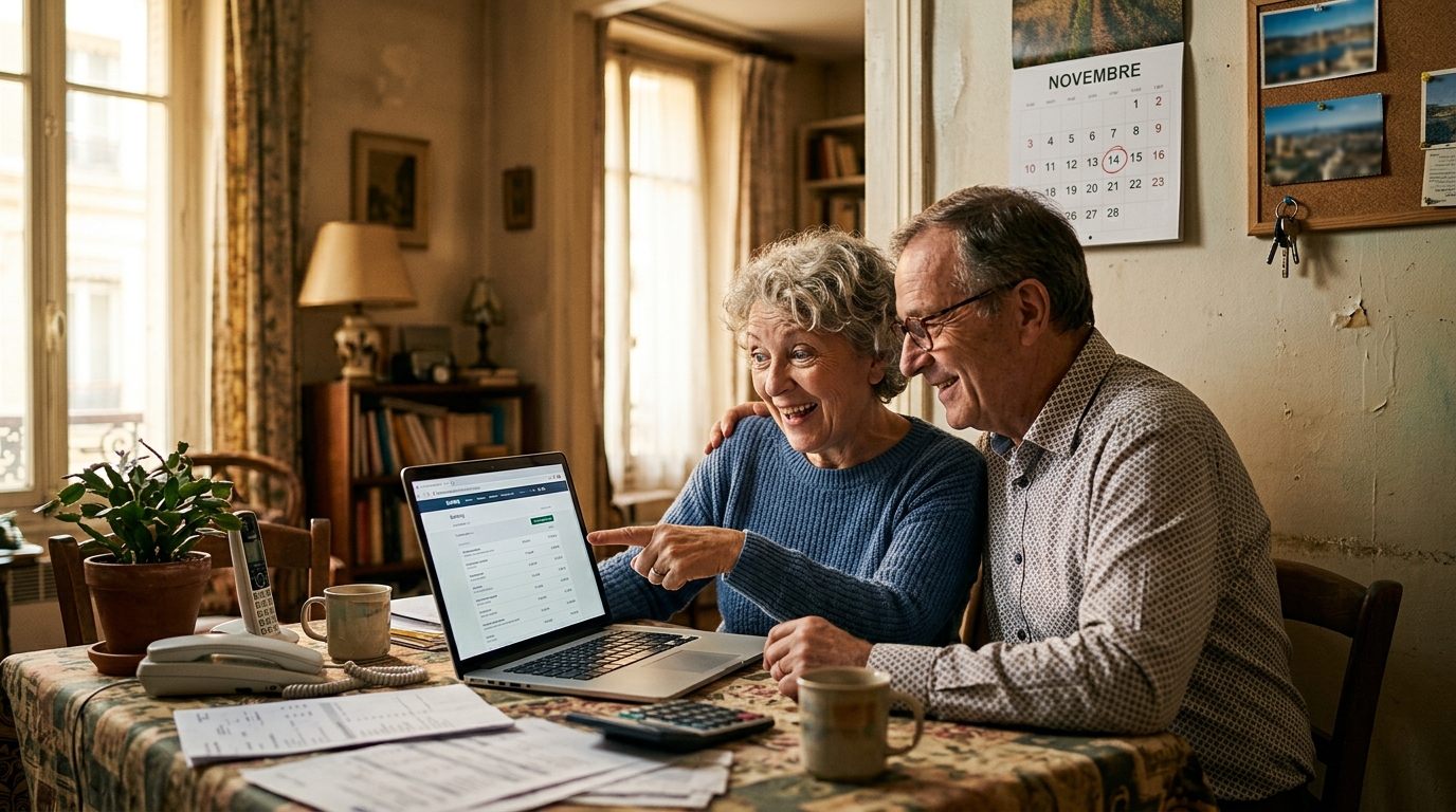 Couple de seniors vérifiant un relevé bancaire sur ordinateur