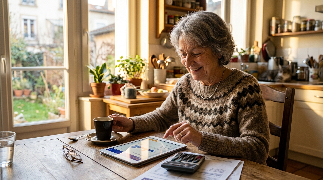 Retraitée souriante vérifiant son relevé bancaire sur tablette